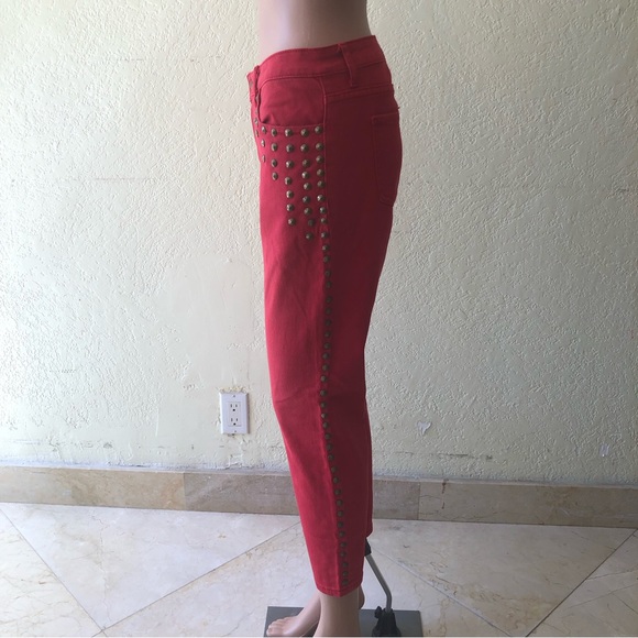 Forever 21 Women’s Size 30 Red Studded Capri Jeans Pants Stretchy Skinny Fit - Picture 4 of 16